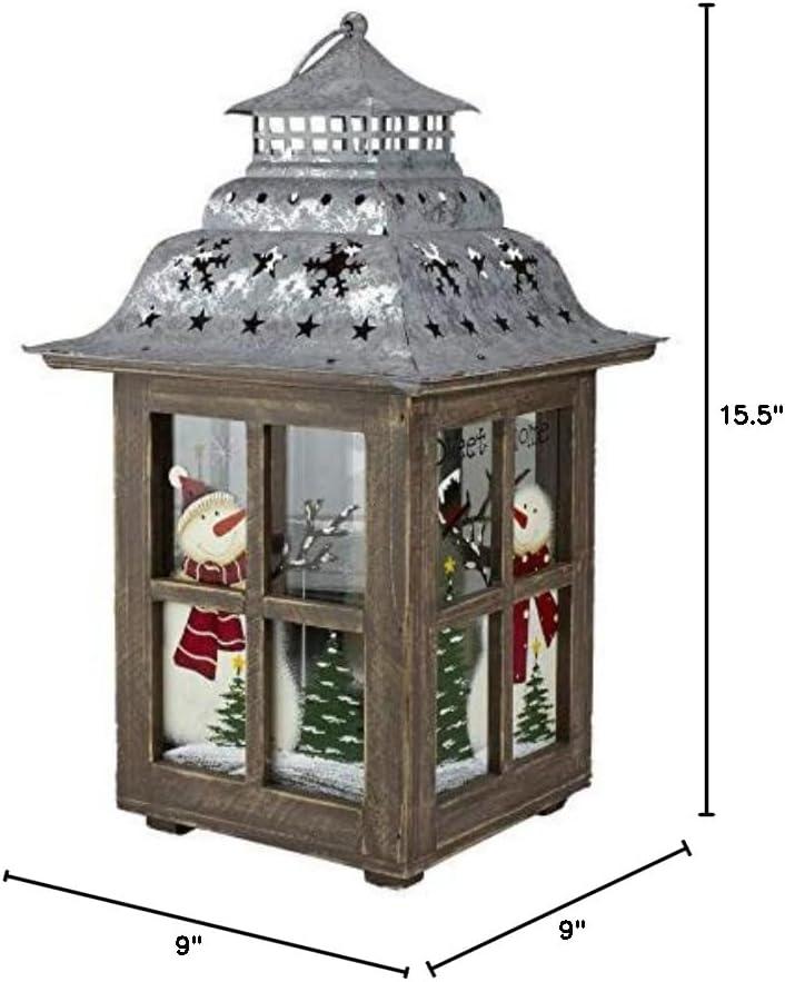 16.5" Rustic Wooden Snowman Holiday Scene Christmas Pillar Candle Lantern