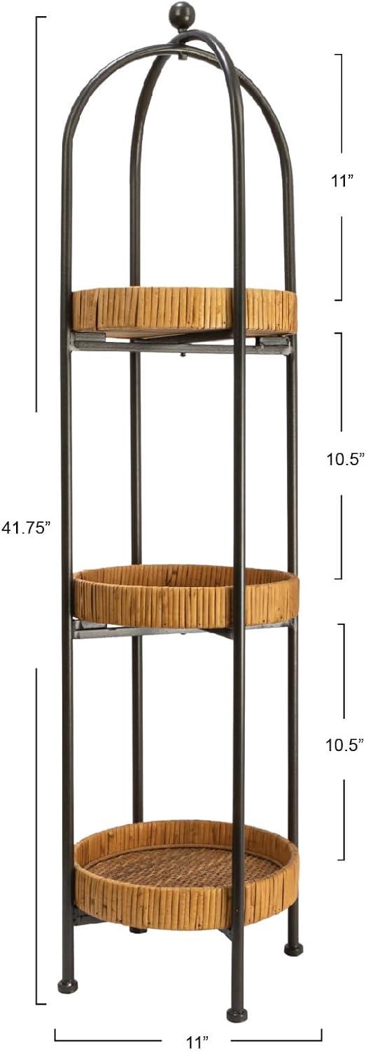 Storied Home Boho Bamboo-Style Metal Plant Stand or Shelf with Removable Rattan Trays, Natural
