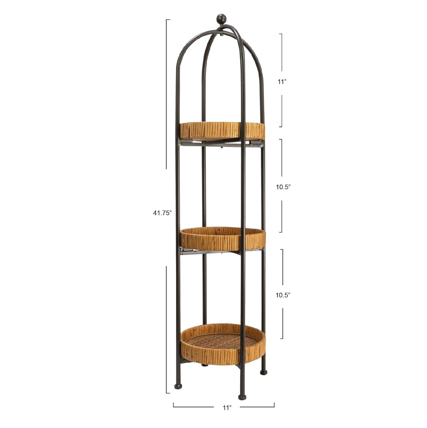 Storied Home Boho Arched Metal Plant Stand or Shelf with 3 Round Removable Rattan Trays, Natural and Black