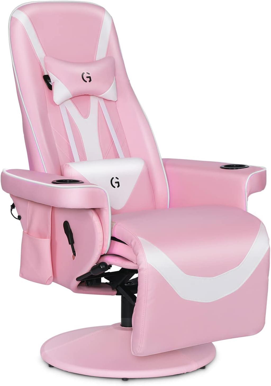 Queen Throne Video Gaming Chair Ergonomic Recliner Racing Chair, High Back Swivel Chair with Footrest and Adjustable Backrest, Lumbar Support, Headrest and Cupholders, Pink White