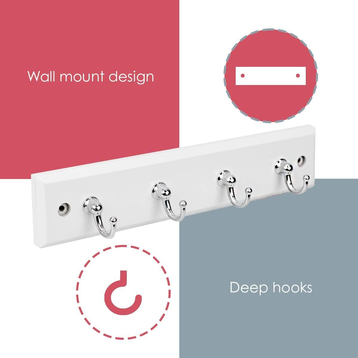 White MDF and Steel Wall-Mounted Key Rack with 4 Hooks