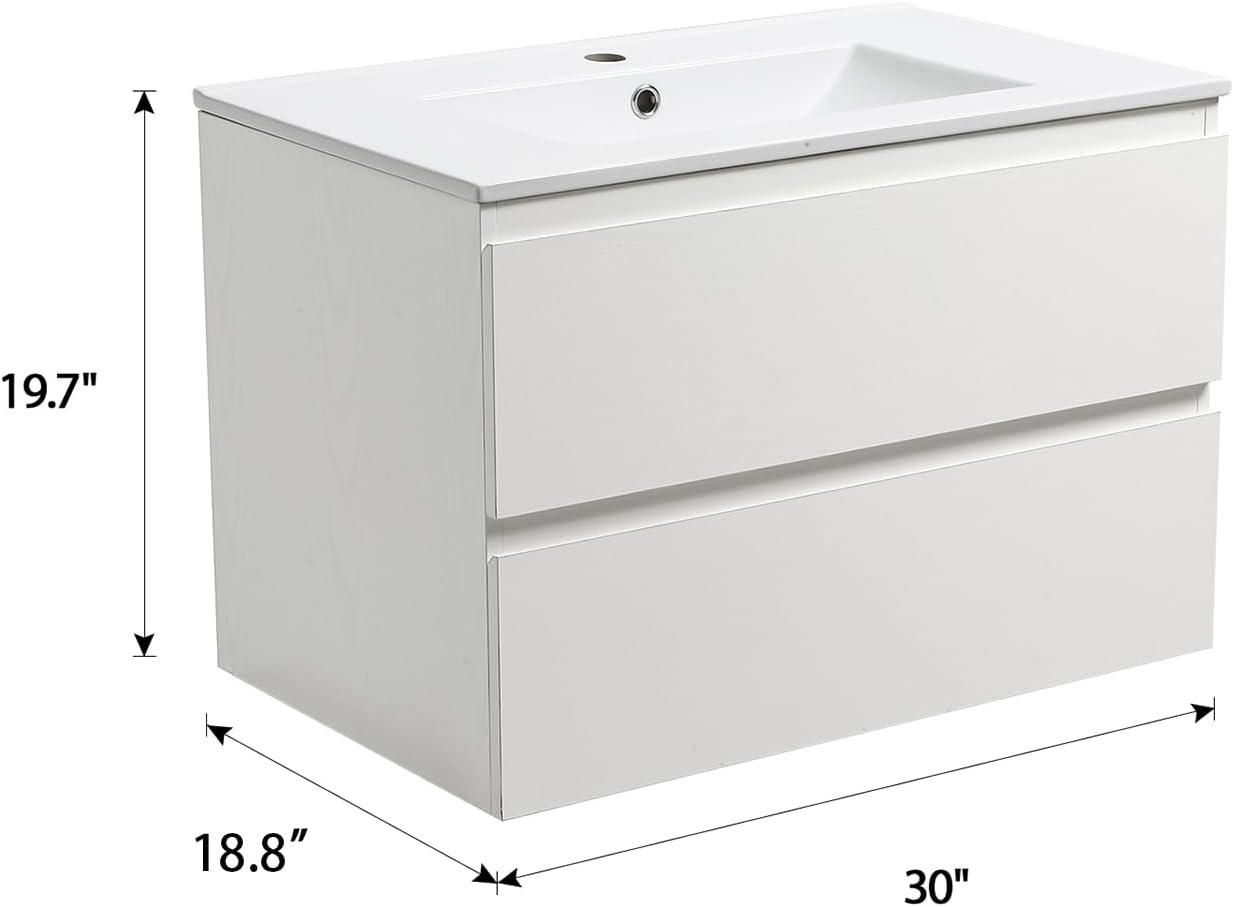 30" White Wall-Mounted Bathroom Vanity with Ceramic Sink and Storage