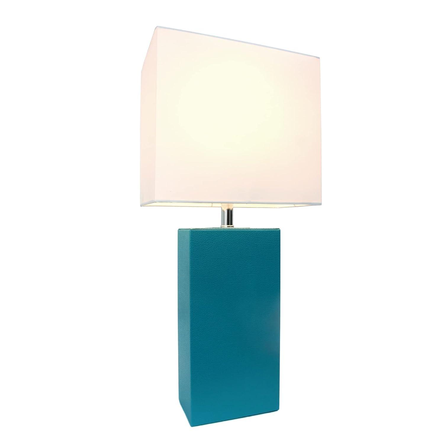 Elegant Designs Modern Leather Table Lamp with White Fabric Shade, Teal