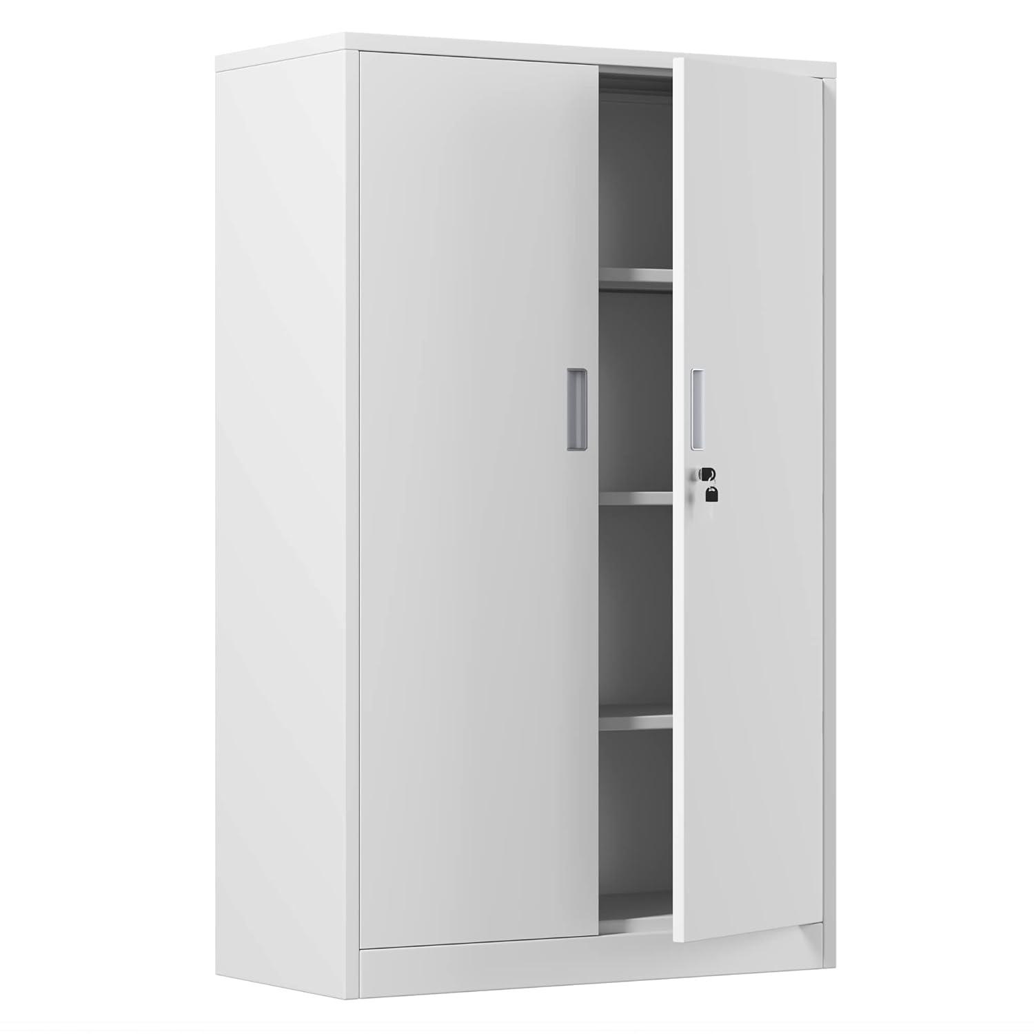 Metal Storage Cabinets with Shelves and Doors, Sideboard Buffet Cabinet for Kitchen, Entryway, Living Room, Home Office, Garage, Utility Room and Basement, 36.2" H x 31.5" W x 15.7" D (White)