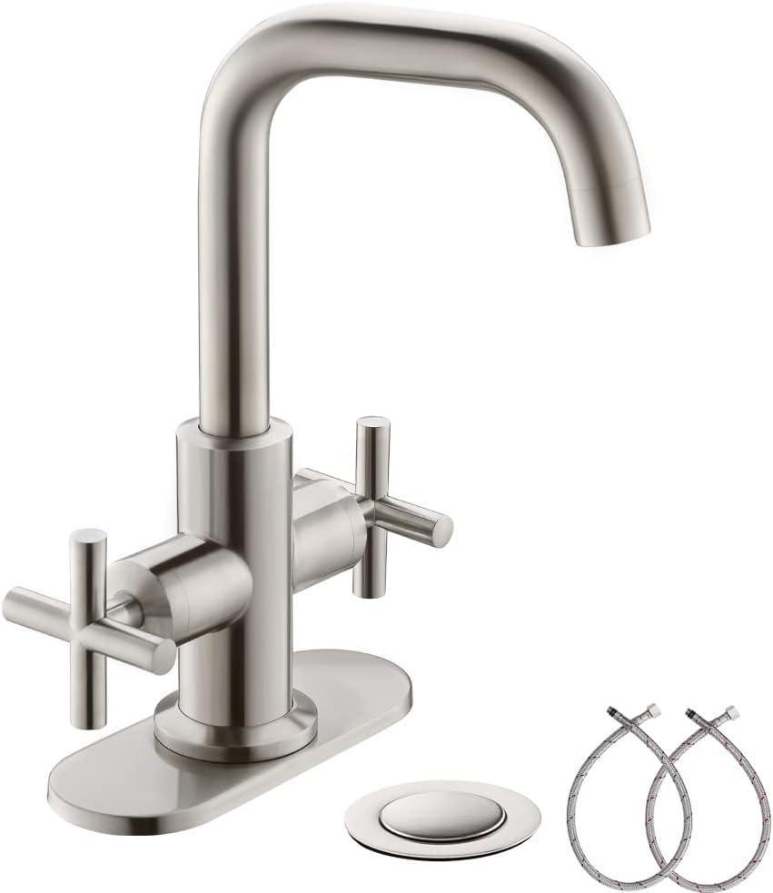 Brushed Nickel 4-Inch Centerset 2-Handle Bathroom Faucet with Drain