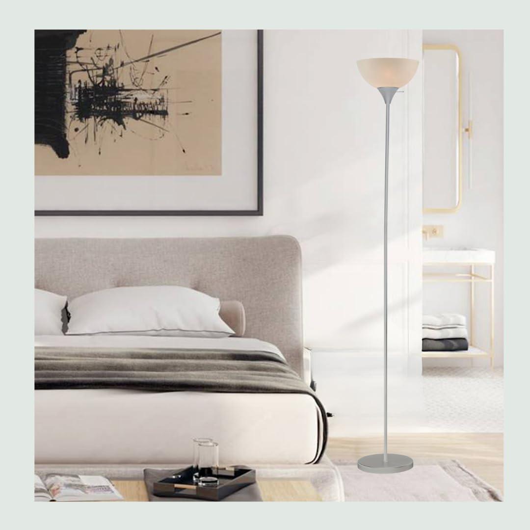LIGHTACCENTS Stand Up Floor Lamp in Silver- Modern Corner Light with White Opal Bowl Shade - Susan Design, Ideal for Living Room or Office, 72" Tall, 150-watt - Chic Living Room Floor Lamp Silver