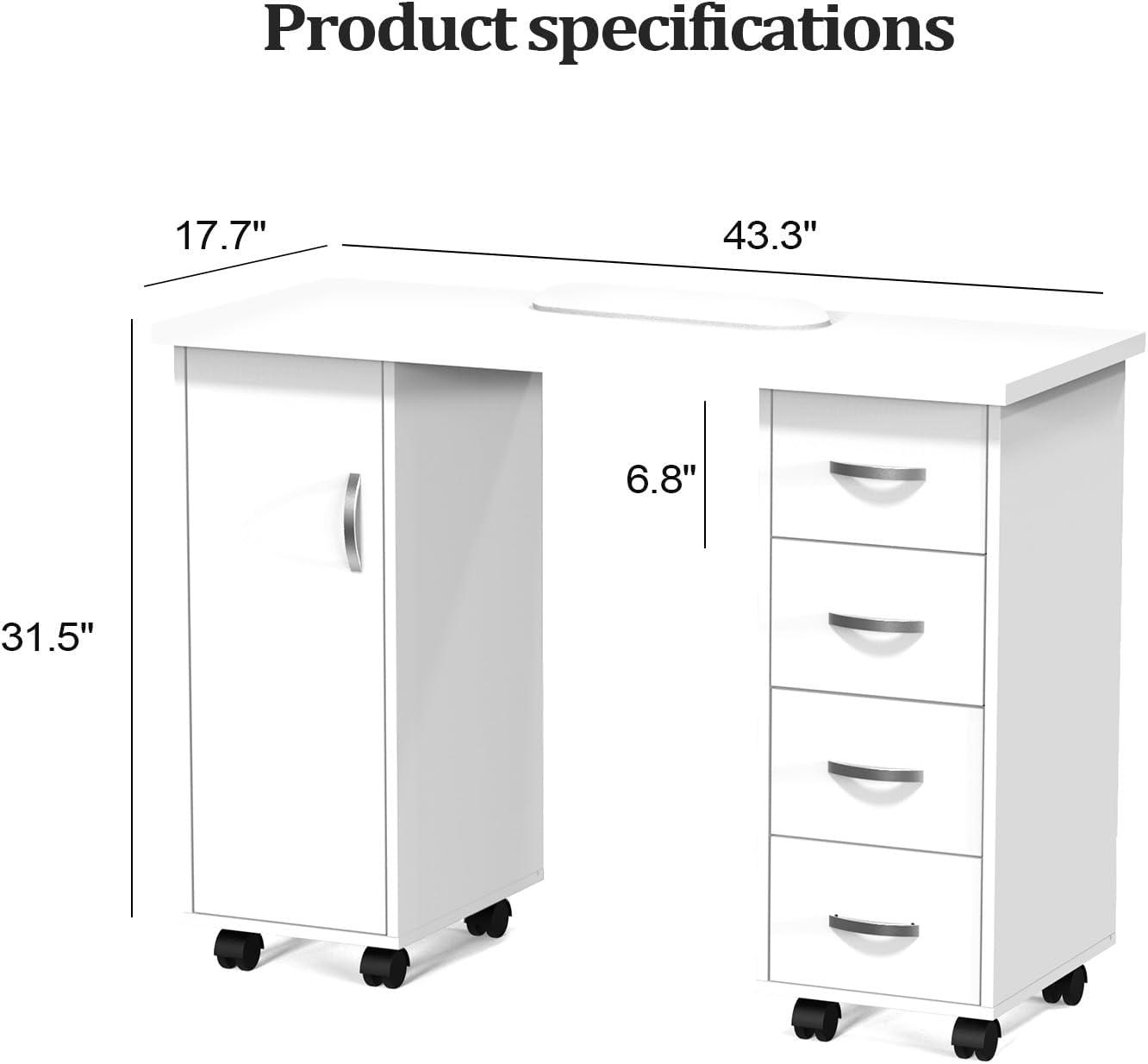 Goujxcy Rolling Nail Table Manicure Table Nail Desk Station, Beauty Salon Nail Station Desk Nail Art Equipment with 4 Drawers & Large Cabinet & Wrist Rest,White