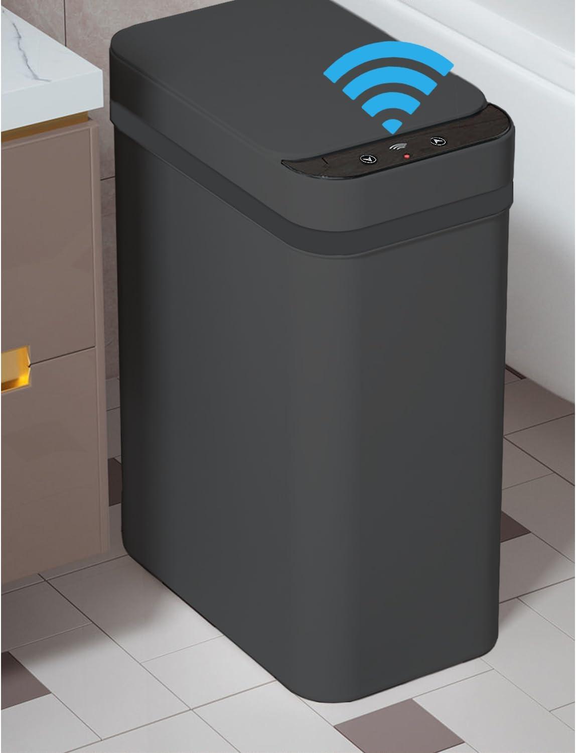 Yatmung 4 Gallons Bathroom Trash Can Automatic Touchless - 15.5 Liters Smart Trash Can Motion Sensor - Narrow, Plastic - Slim Electric Trash Bin - Skinny Garbage Can with Lid (Matte Black)