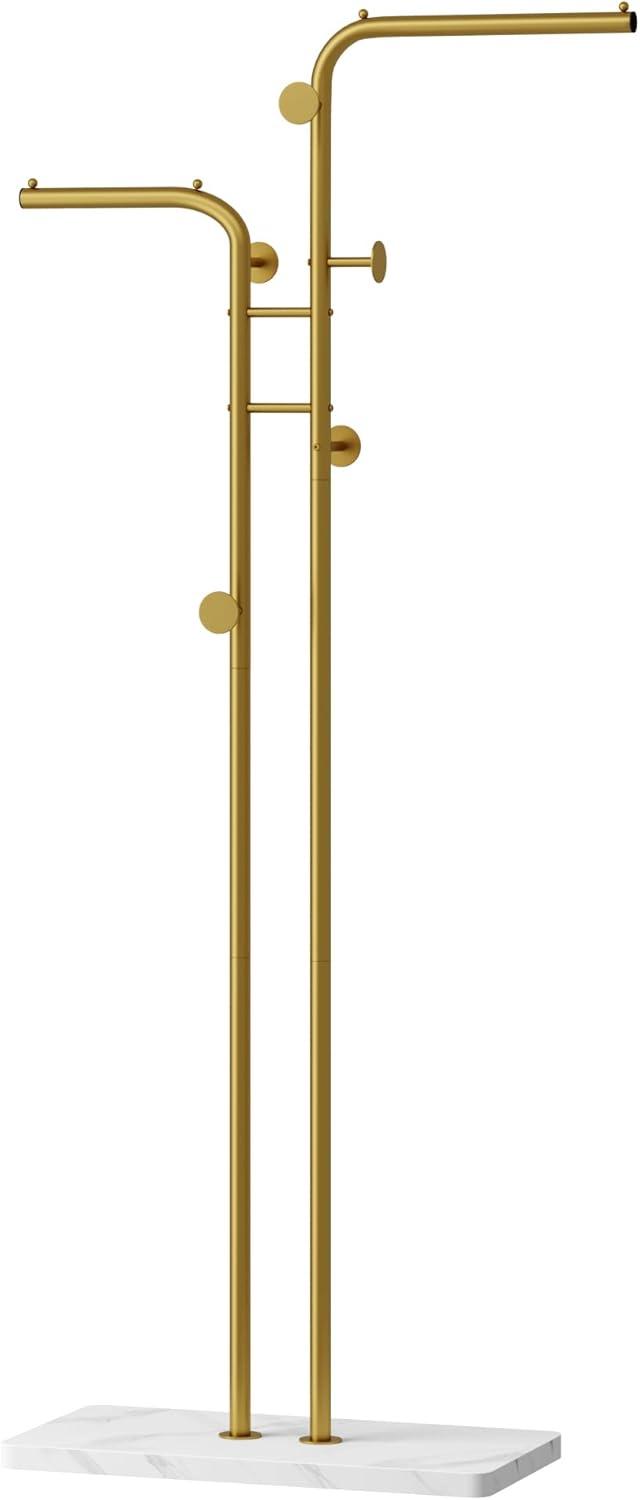HOMEFORT Coat Rack, Freestanding Metal Coat Racks, Double-pole Clothes Hat Stand with 5 Hooks for Closet, Bedroom, Entryway, Living Room, Gold