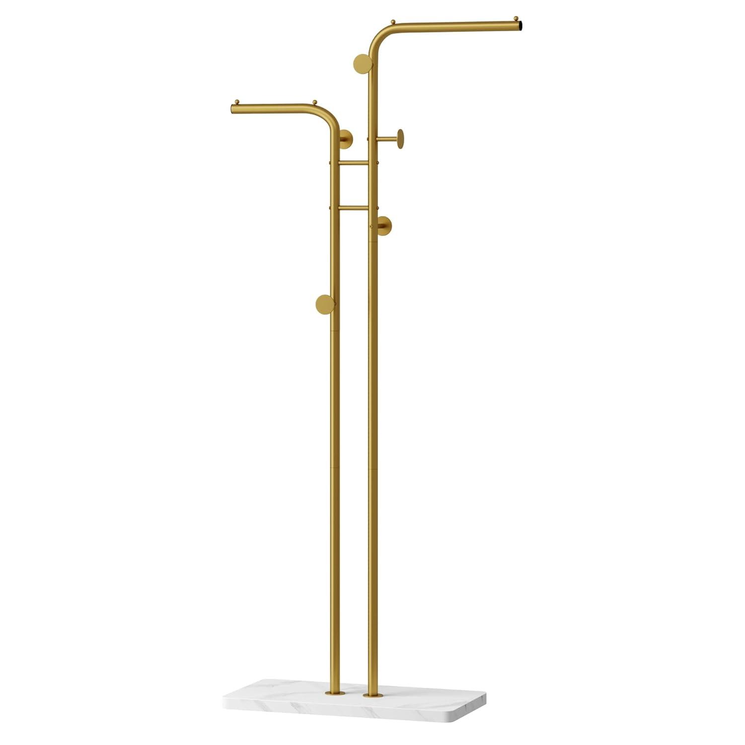 HOMEFORT Coat Rack, Freestanding Metal Coat Racks, Double-pole Clothes Hat Stand with 5 Hooks for Closet, Bedroom, Entryway, Living Room, Gold