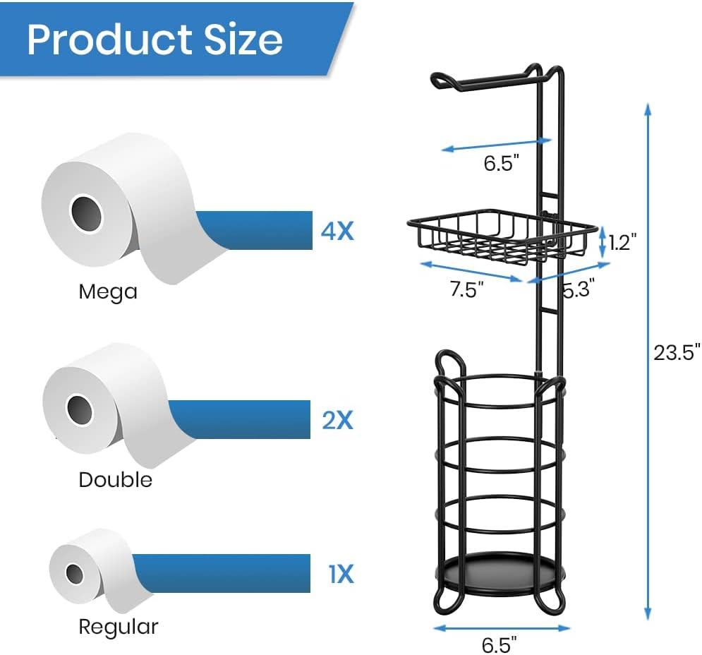 TreeLen Matte Black Bathroom Freestanding Toilet Paper Holder Tissue Roll Holder Stand with Shelf Storage Holds 4 Jumbo Rolls Phone and Wipes