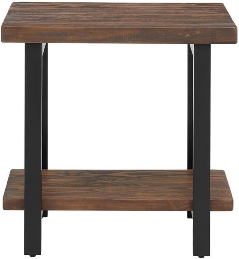 Pomona Solid Wood and Metal End Table with Shelf - Alaterre Furniture: Rustic Design, Fixed Shelf, Rectangle Shape