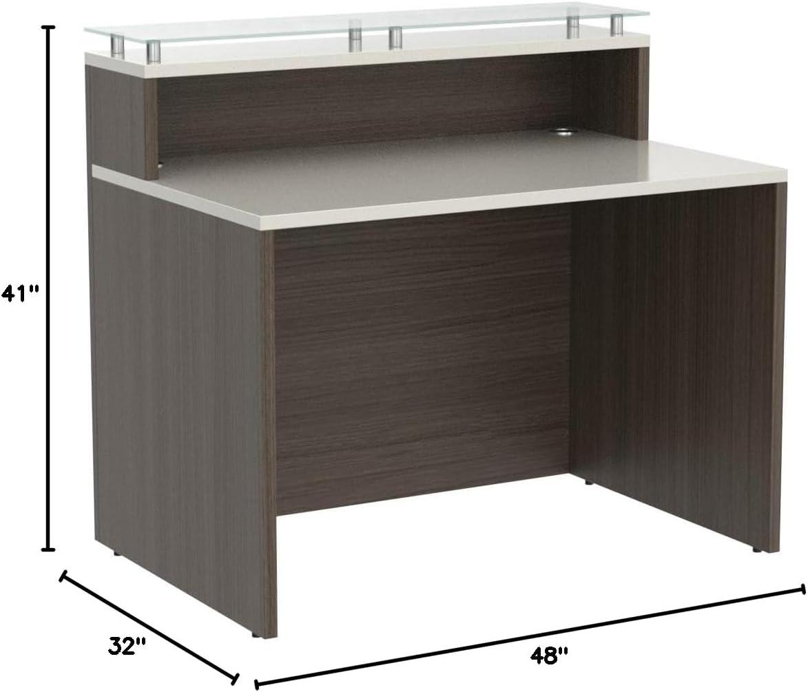 NBF Signature Series Esquire Reception Desk Glass Top, Driftwood Silver Laminate Desk 48”Wx32”D