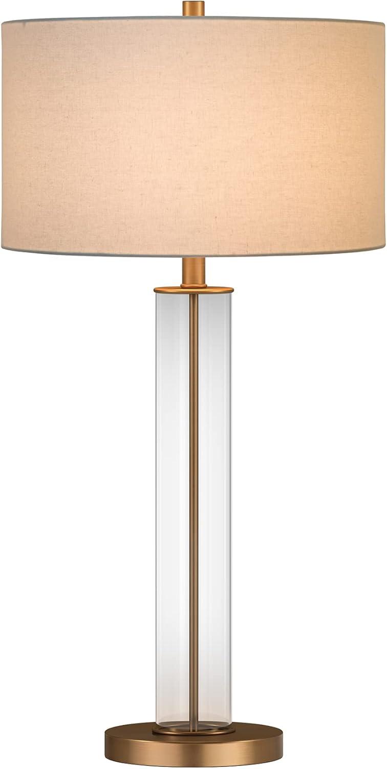 Evelyn&Zoe 29" Traditional Clear Glass Table Lamp with White Drum Linen Shade