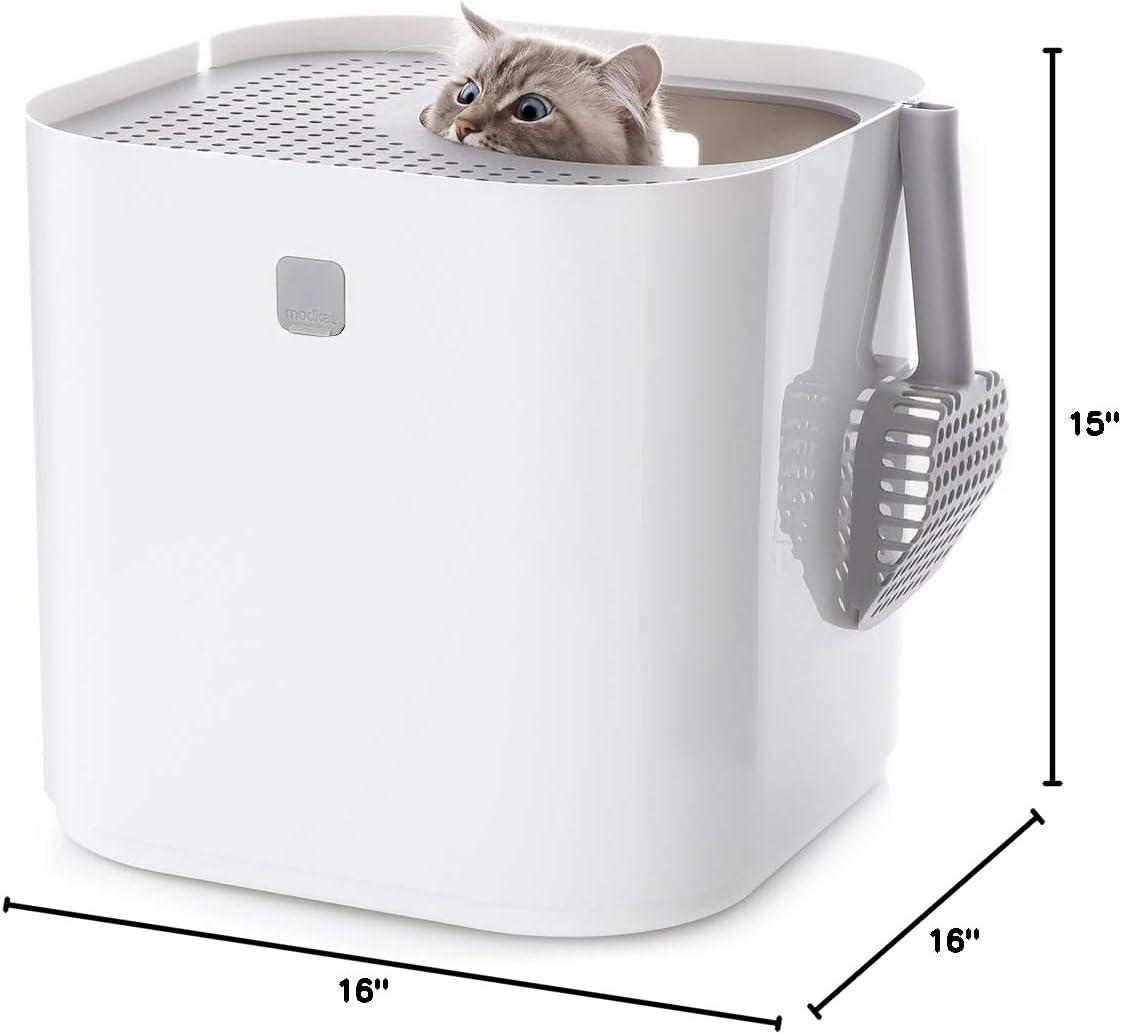 Litter Box, Pet Box with Top-Entry, Litter Box with Includes Scoop and Liner for Living Room, Pet Store, Bedroom, White