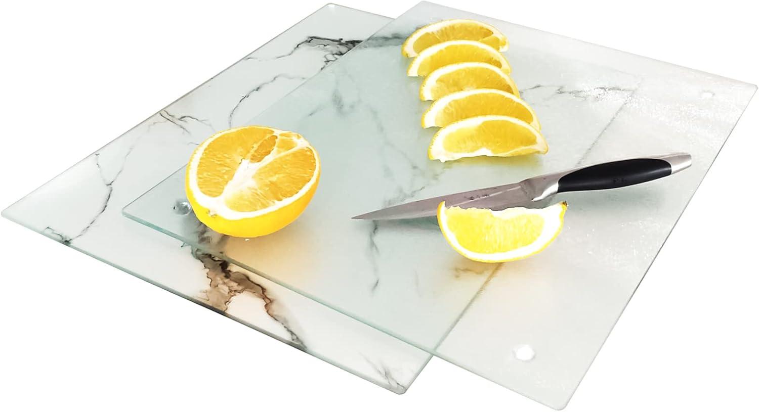 Tempered Glass Cutting Board for Kitchen, Clear Glass Board for Countertop, Heat Resistant, with Non-Slip Feet, 12x16" & 12x8" 2 Pcs Clear