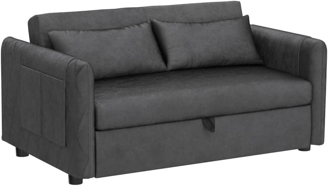 55" Convertible Sofa Bed with 2 Detachable Arm Pockets, Velvet Loveseat Sofa with Pull Out Bed and 2 Pillows, Modern Sleeper Sofa with Adjustable Backrest, Grid Design Armrests for Living Room, Grey