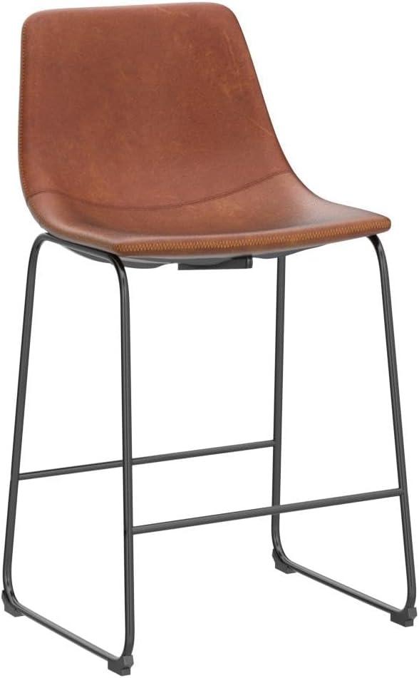 Whiskey Brown 26" Industrial Faux Leather Bar Stools with Metal Legs, Set of 2