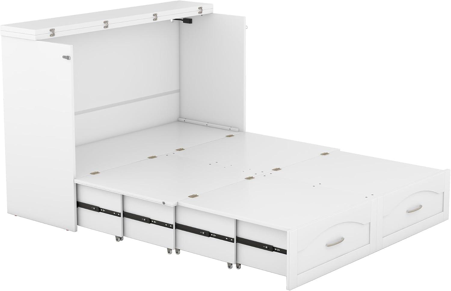 Harper & Bright Designs Full Size Murphy Bed Wall Bed with Storage Drawers, Wood Murphy Bed Chest with Sockets & USB Ports, Pulley Structure Design, White