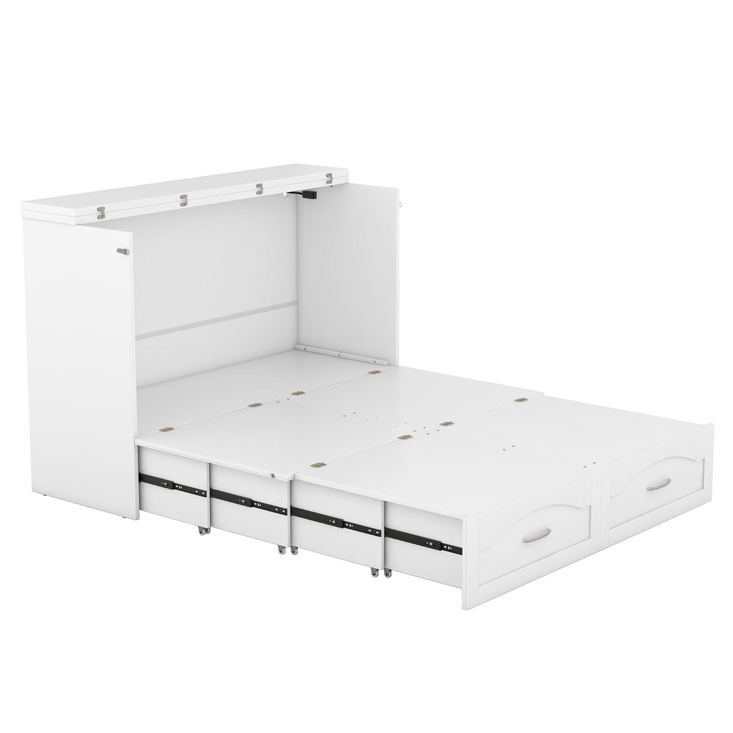 Harper & Bright Designs Full Size Murphy Bed Wall Bed with Storage Drawers, Wood Murphy Bed Chest with Sockets & USB Ports, Pulley Structure Design, White