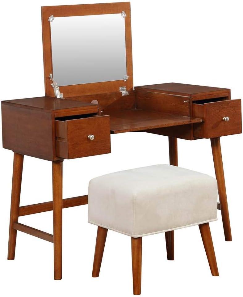 Viola Mid-Century Modern Flip-up Mirror 2 Drawer Vanity and Upholstered Stool Brown - Linon: Rubberwood, MDF, Lift-Top Storage