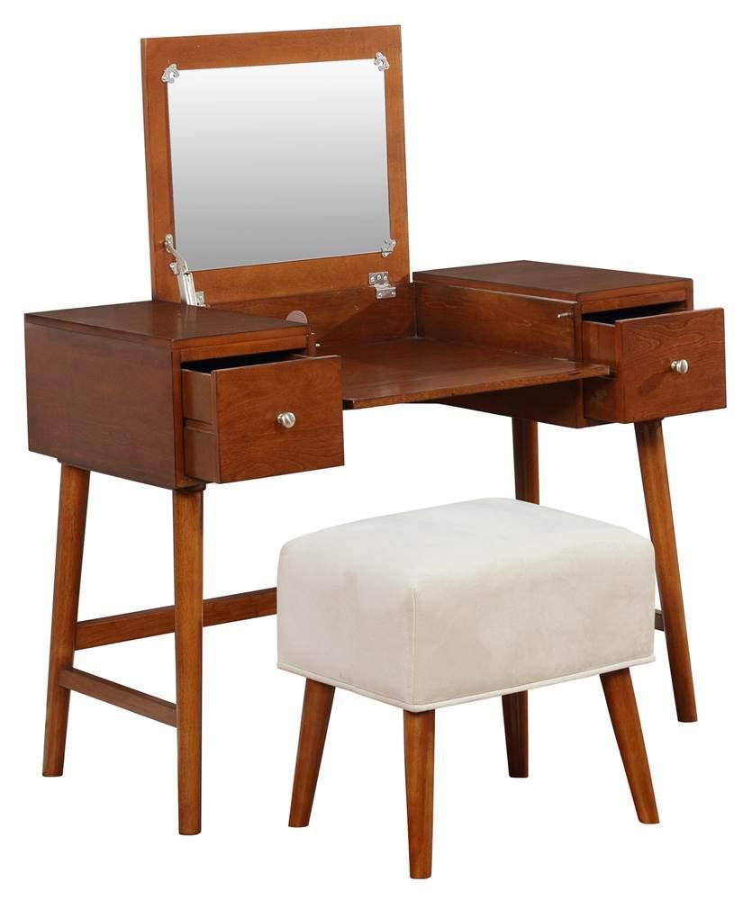 Viola Mid-Century Modern Flip-up Mirror 2 Drawer Vanity and Upholstered Stool Brown - Linon: Rubberwood, MDF, Lift-Top Storage