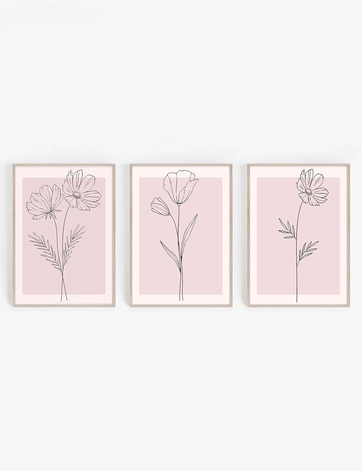 Lark Manor™ 3 Pieces Minimalism Botanical Canvas Wall Art Pink Flowers Line Plants Pictures Wall Decor Posters Print Artwork For Room Living Room Bedroom Bathroom Office Home Decoration