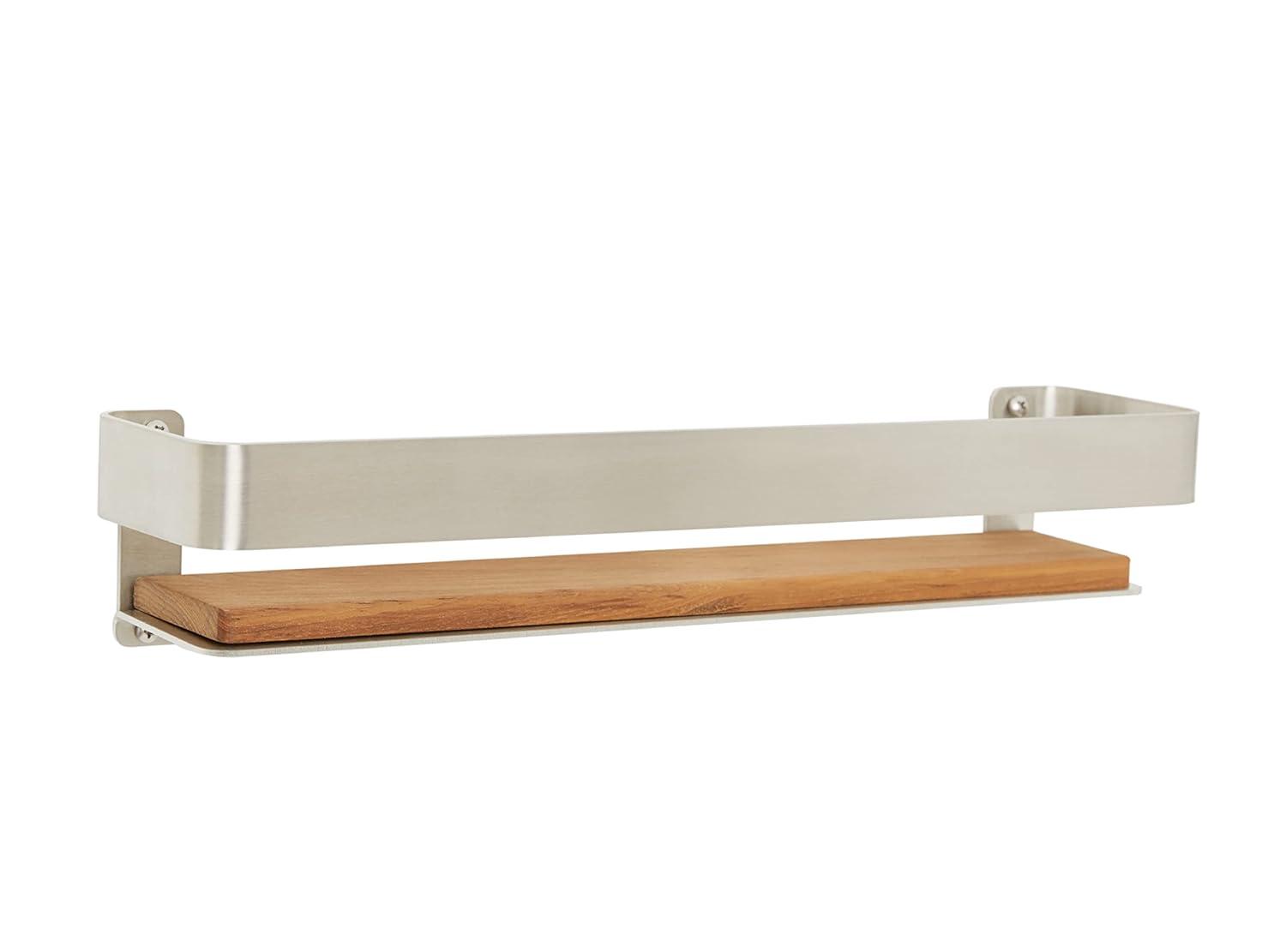 Seachrome Rectangular Shower Shelf with Rail in a Satin Finish and Natural Teak Wood Insert