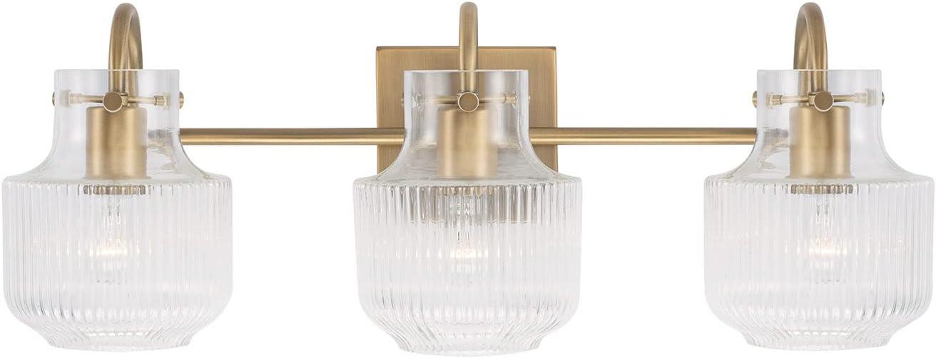 Aged Brass 3-Light Vanity with Clear Fluted Glass Shades