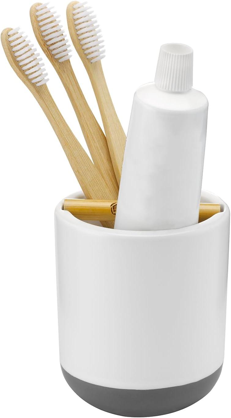 White Ceramic and Bamboo Toothbrush Holder with Absorbent Disk