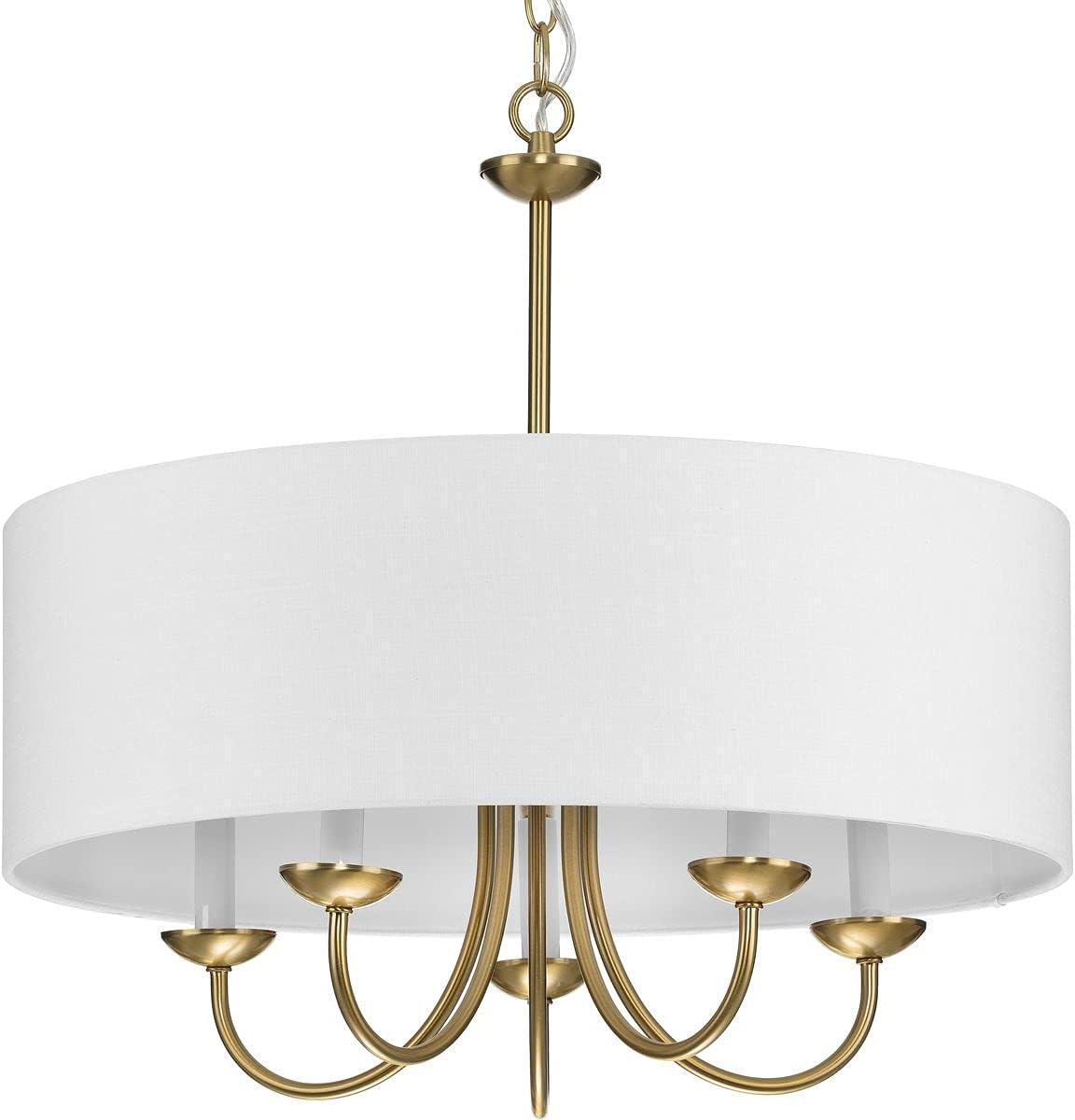 Progress Lighting, Drum Shade Collection, 5-Light Chandelier, Brushed Bronze, White Textured Fabric Shade, Material: Steel