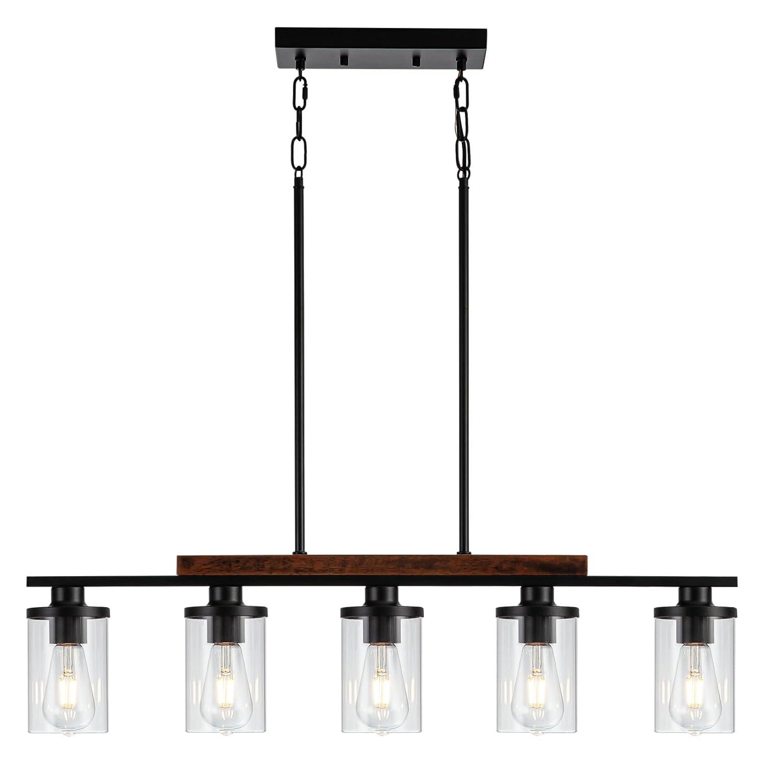 Black Farmhouse Chandelier, 5-Light Island Lights for Kitchen in Metal Finish with Clear Glass Shades, 37" Dining Room Chandelier, Linear Pendant Lighting for Foyer, Bar, Pool Table