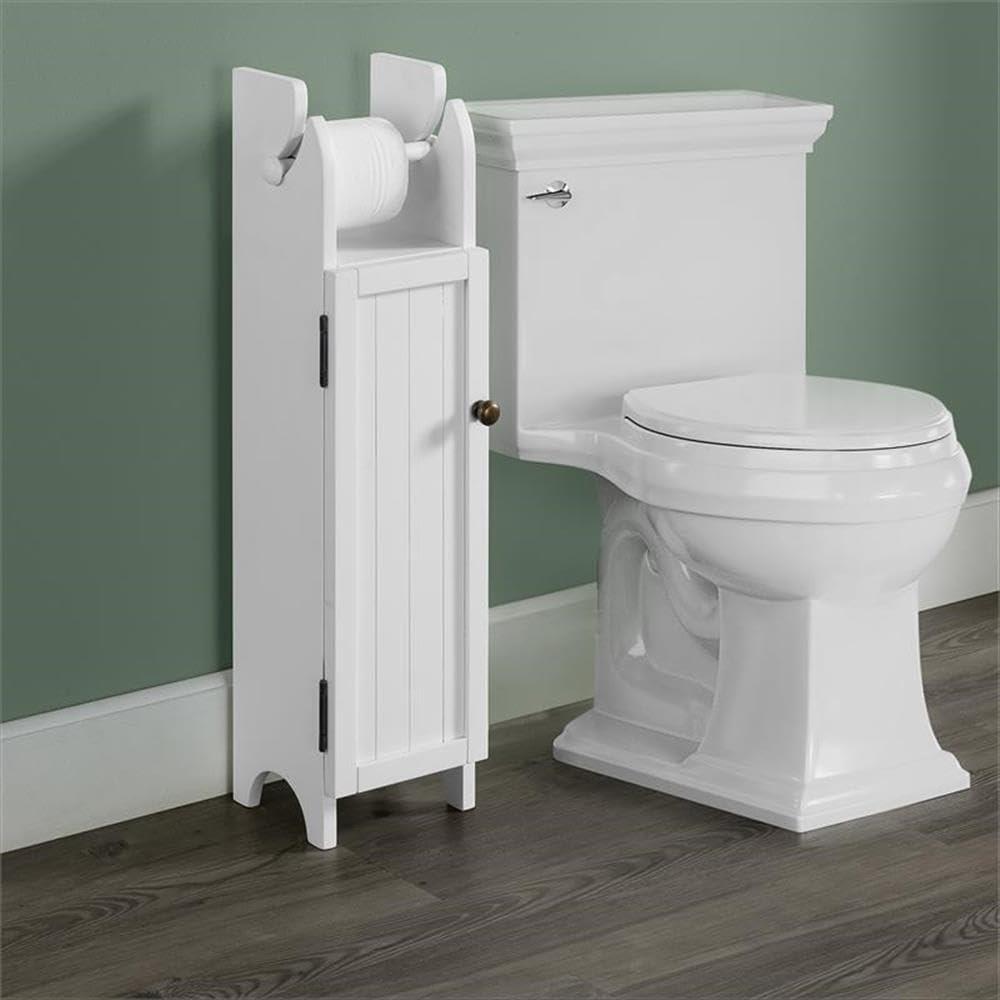 White Wood Bathroom Storage Cabinet with Toilet Paper Dispenser