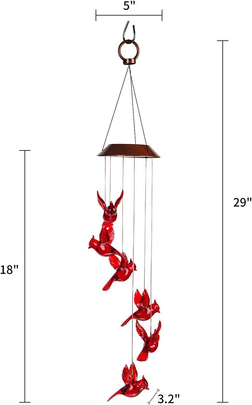 Solar-Powered Red Bird Wind Chimes with LED Lights