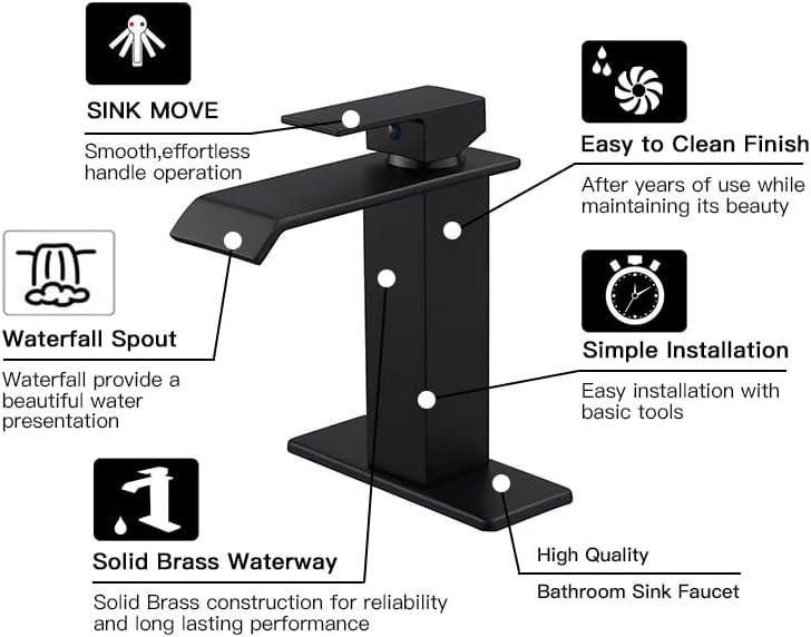 Matte Black Single Hole Waterfall Bathroom Faucet with Pop-Up Drain