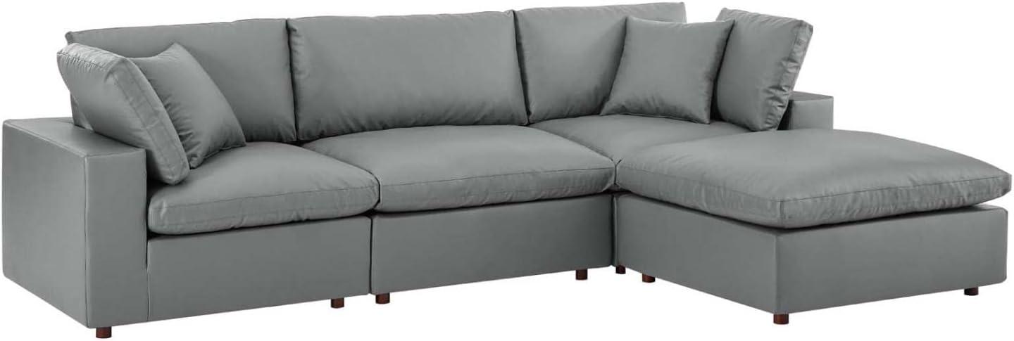 Gray Faux Leather 4-Piece Sectional Sofa with Ottoman and Down Fill