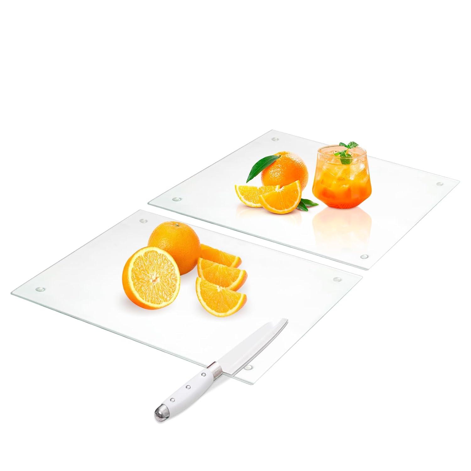 Tempered Glass Cutting Board for Kitchen, Clear Glass Board for Countertop, Heat Resistant, with Non-Slip Feet, 12x16" & 12x8" 2 Pcs Clear