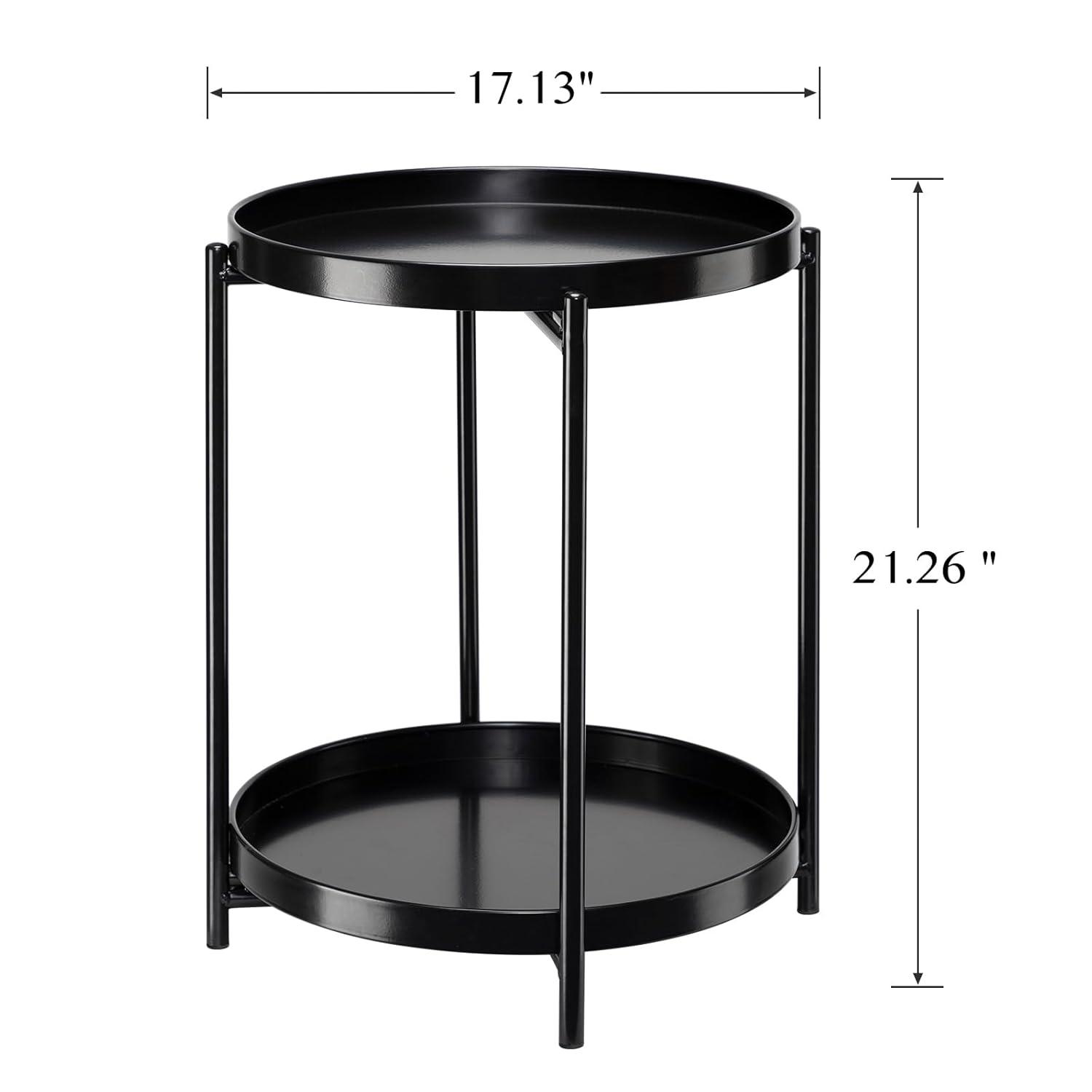 danpinera 2-Tier Round Side Table, Metal End Table with Removable Tray, Small Outdoor Table Accent Table, Anti-Rust Black Nightstand for Bedroom Balcony Patio (Black)