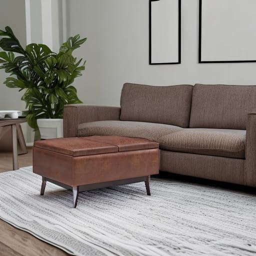 Simpli Home Owen 34"W Small Upholstered Coffee Table Storage Ottoman with Flip-Over Tray Top and Solid Wood Legs