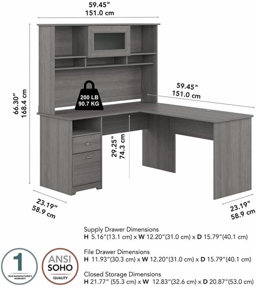 Cabot 60W L Shaped Desk with Hutch and Drawers in Modern Gray - Engineered Wood