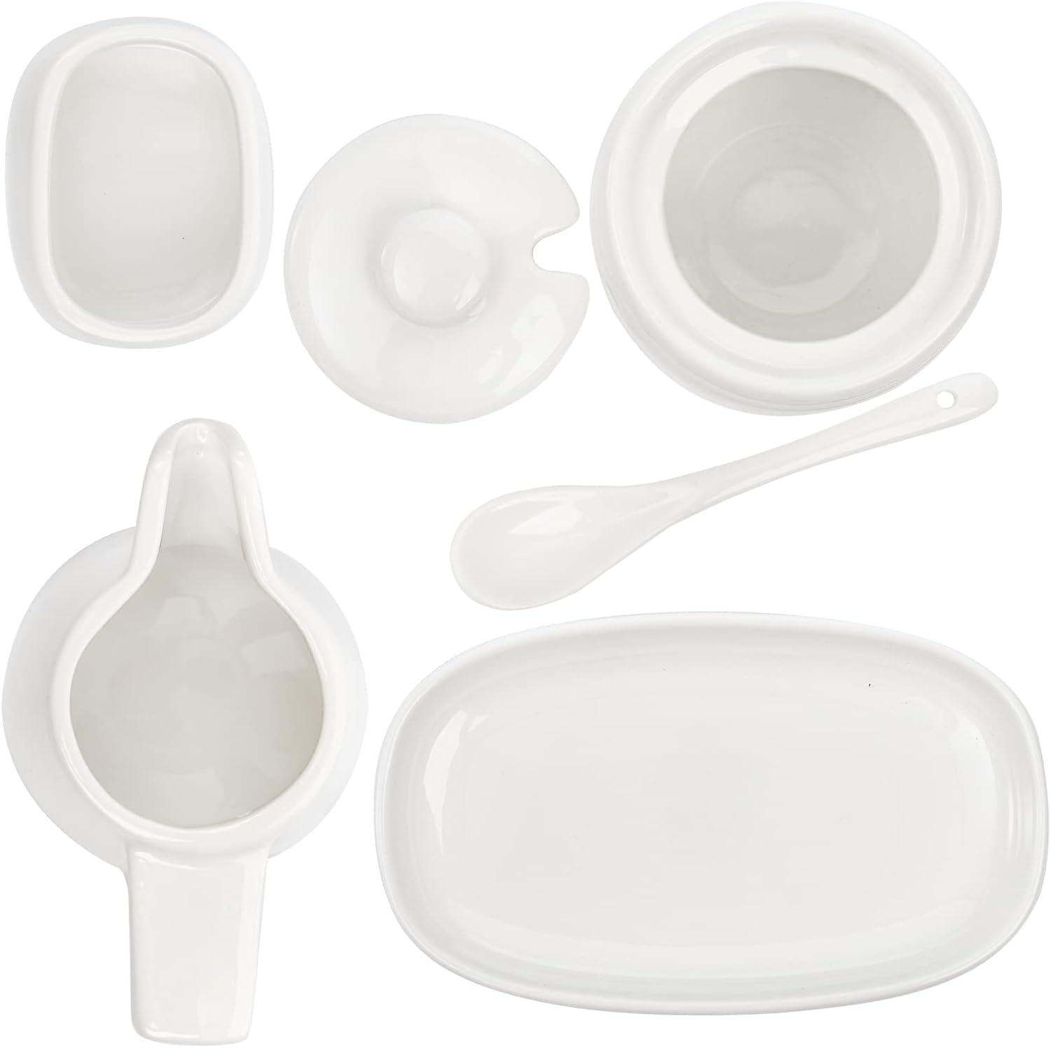 Stack man Set Of 4 Porcelain Creamer And Sugar Set With Saucer, Sugar Bowl With Lid And Spoon, Cream Pitcher, Sweetener Holder, Coffee Serving Set For Kitchen Home Cafe Party, Restaurant, White