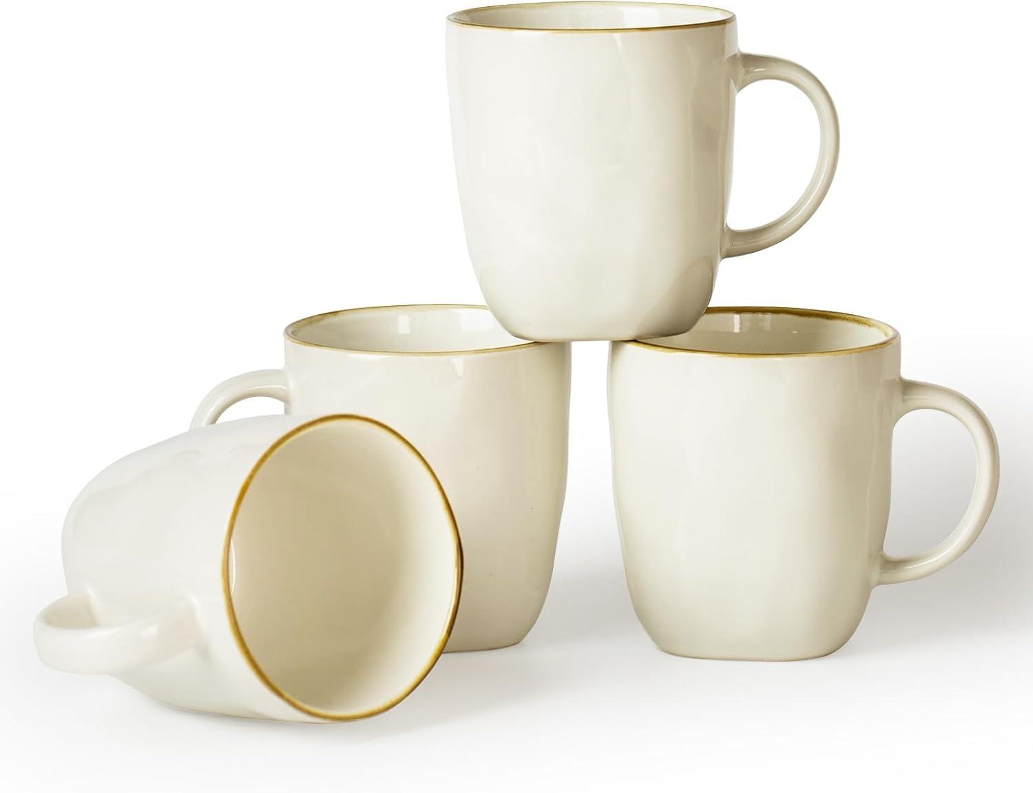 FAST APPLIANCES LLC Coffee Mugs Set Of 4, Ocean Square 13Oz Coffee Cup Set With Handle For Cocoa, Milk, Hot Chocolate, Tea, Water, Stoneware Cups For Kitchen, Microwave And Dishwasher Safe, Vanilla White