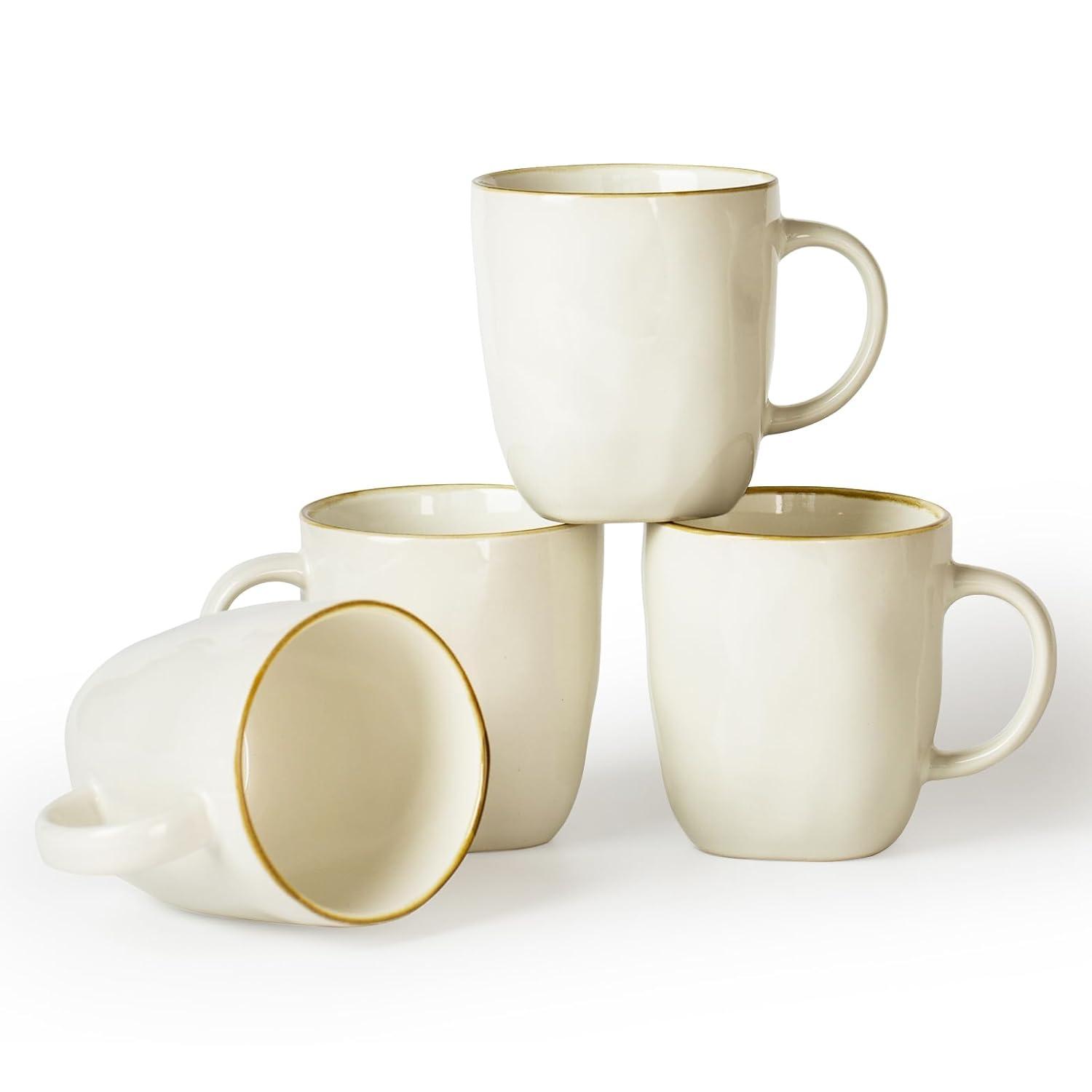 FAST APPLIANCES LLC Coffee Mugs Set Of 4, Ocean Square 13Oz Coffee Cup Set With Handle For Cocoa, Milk, Hot Chocolate, Tea, Water, Stoneware Cups For Kitchen, Microwave And Dishwasher Safe, Vanilla White