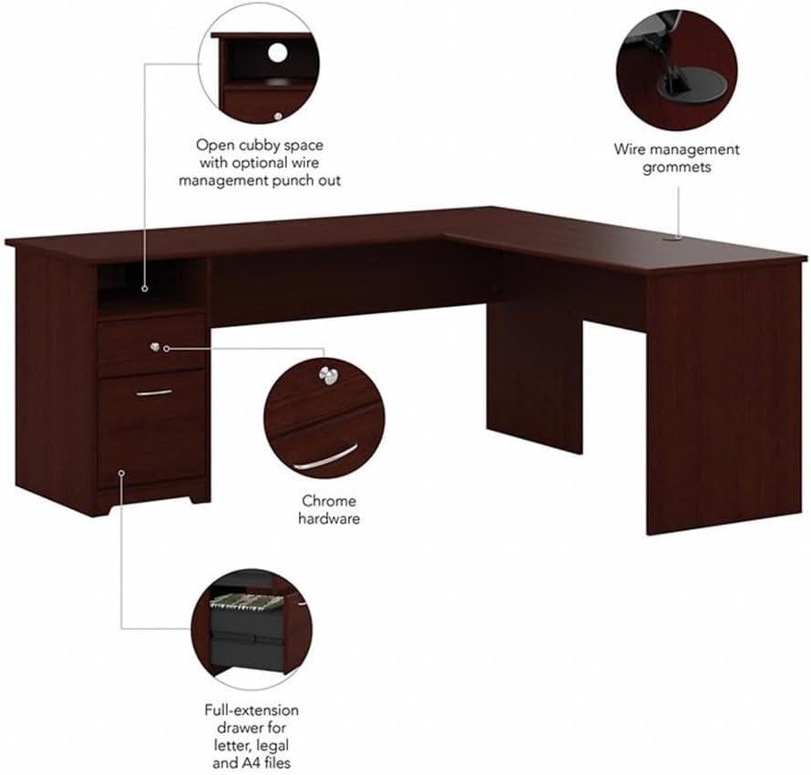Bush Furniture Cabot 72" L Shaped Desk with Storage, Harvest Cherry