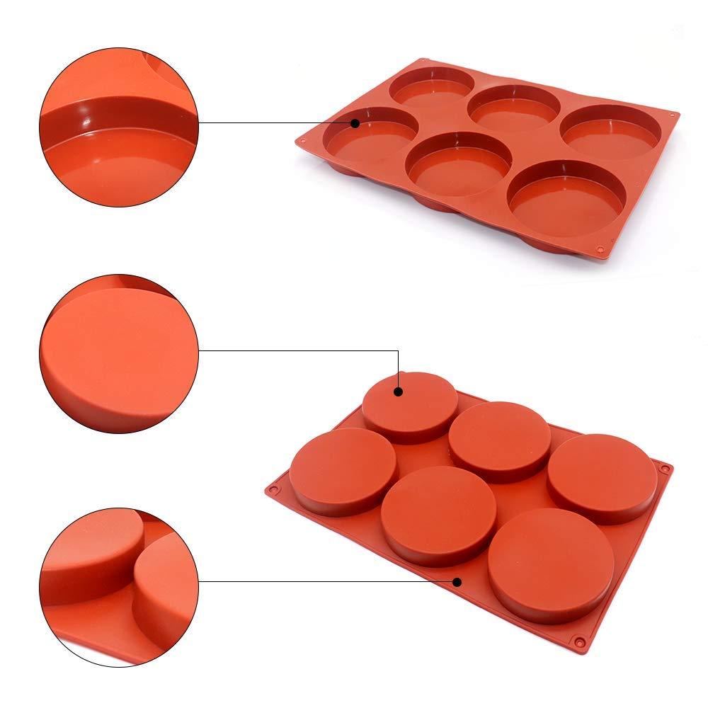 6-Cavity Large Cake Molds Silicone Round Disc Resin Coaster Mold Non-Stick Baking Molds, Mousse Cake Pan, French Dessert, Candy, Soap (Red)