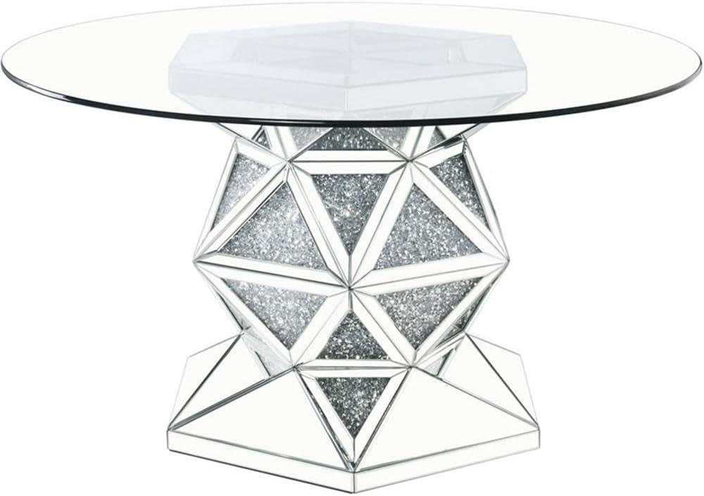 ACME Noralie Round Glass Top Dining Table in Mirrored and Faux Diamonds