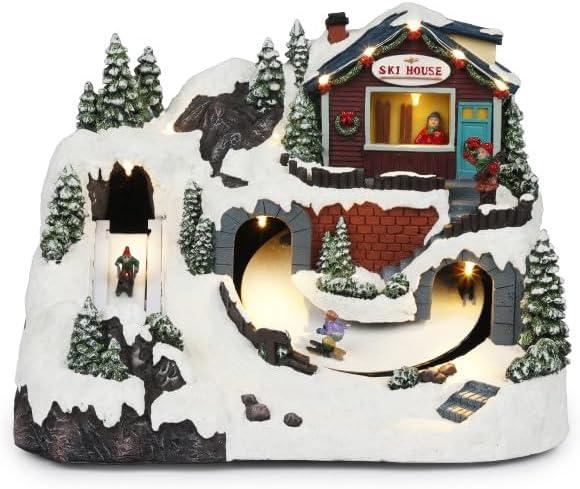 Alpine Corporation Animated Christmas Ski Resort Holiday Tabletop Decor with 12 Warm White LED Lights and Moving Skier Figurines, 12" L x 8" W x 9" H