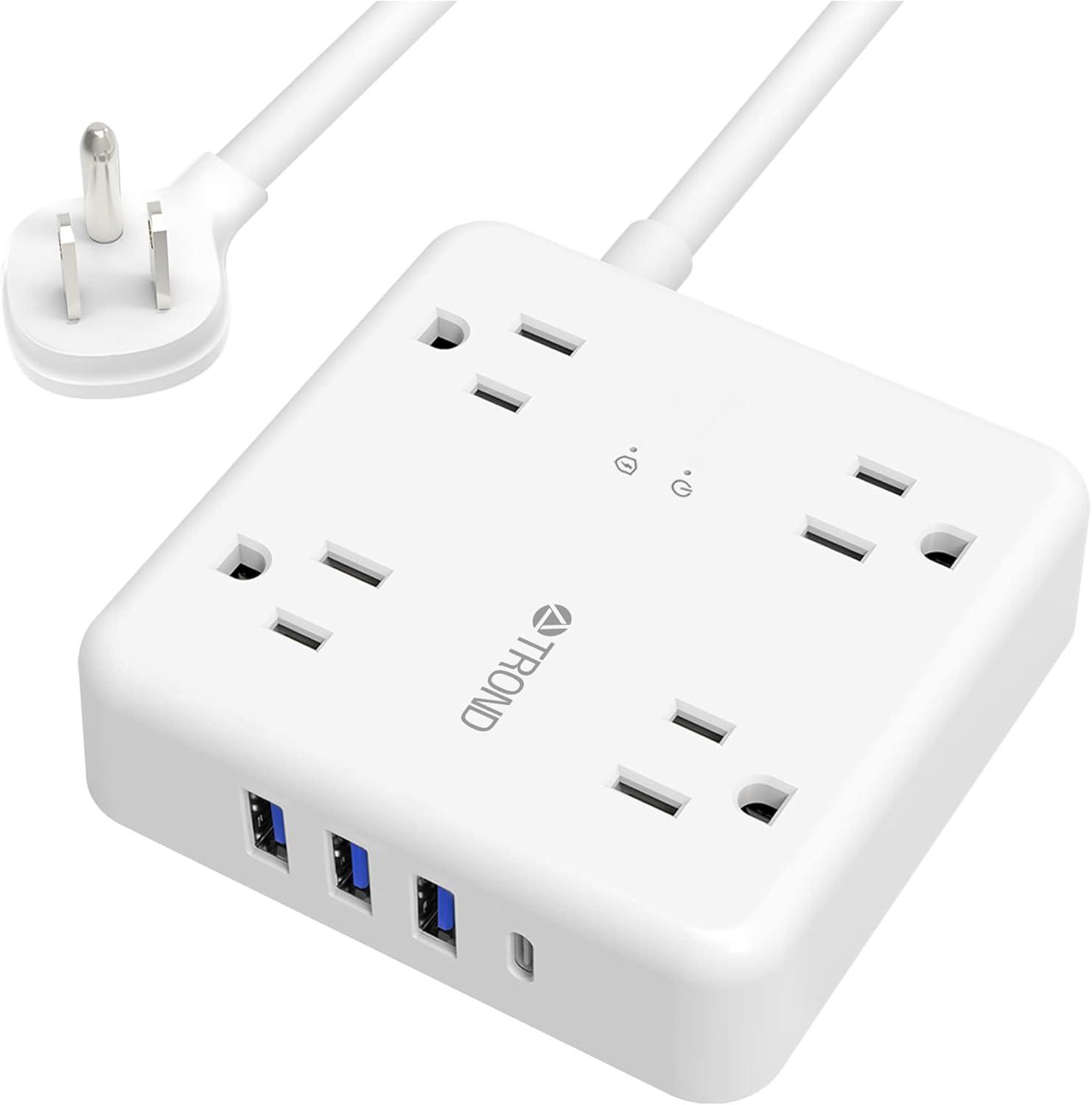 White Compact Power Strip with USB Ports and Surge Protection