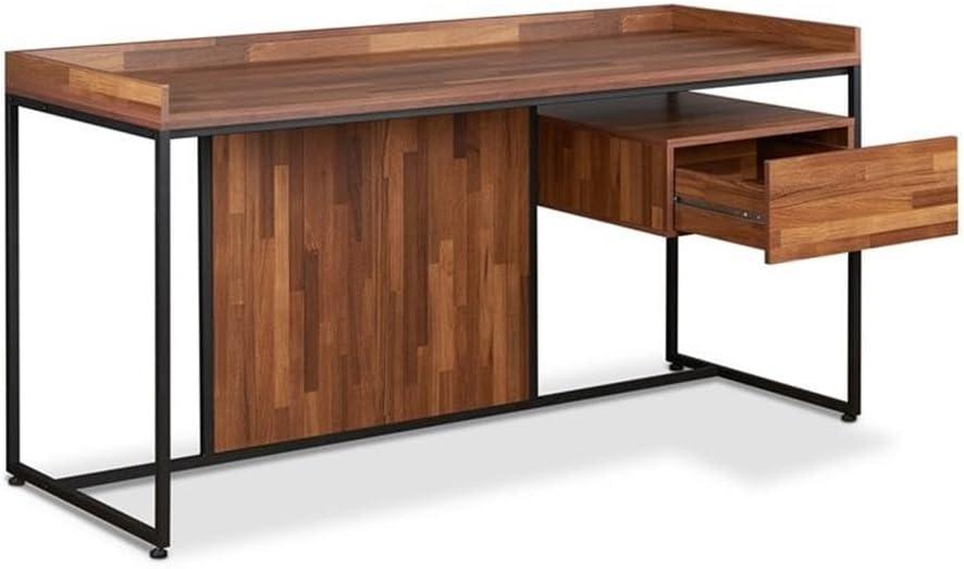 Wooden Top Desk With Rectangular Metal frame Walnut Brown and Sandy Black - Saltoro Sherpi