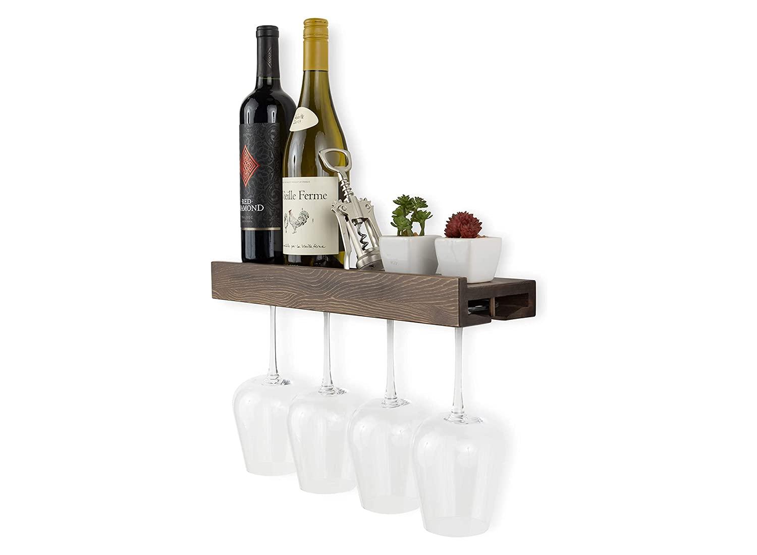 Rustic State Smith Wall Mounted Wood Floating Wine Bottle Rack with Glassware Holder Stemware Shelf Storage Organizer - Home, Kitchen, Dining Room Bar Décor - Walnut